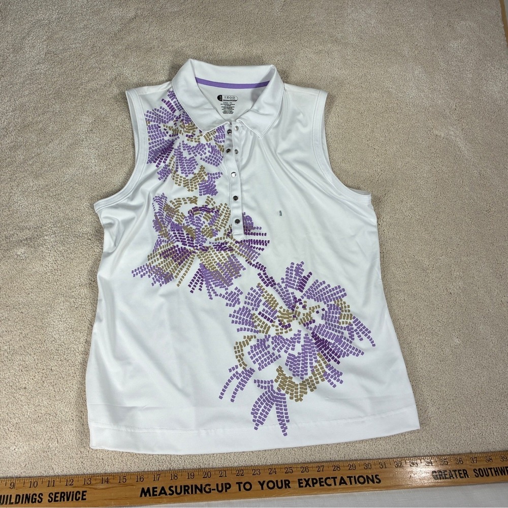 IZOD XFG Cool FX Womens XL Sleeveless Golf Polo Shirt White Purple Floral PC-756